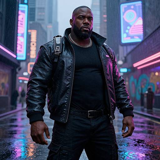 Muscular Cyberpunk Man in Neon City