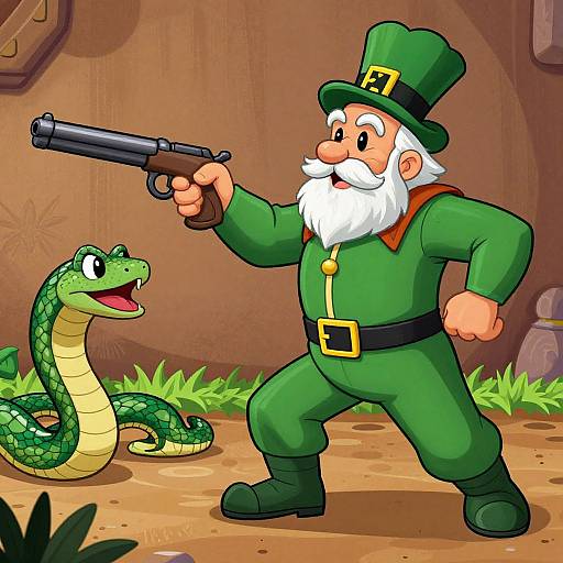 Cartoon-style image: Bearded, white-haired leprechaun in green outfit aims revolver at surprised green snake with yellow underbelly in grass