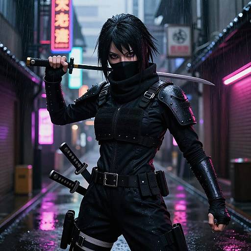 Neo-Noir Kunoichi in Rainy Alley