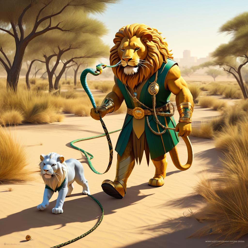 Whimsical Lion Walking a Snake