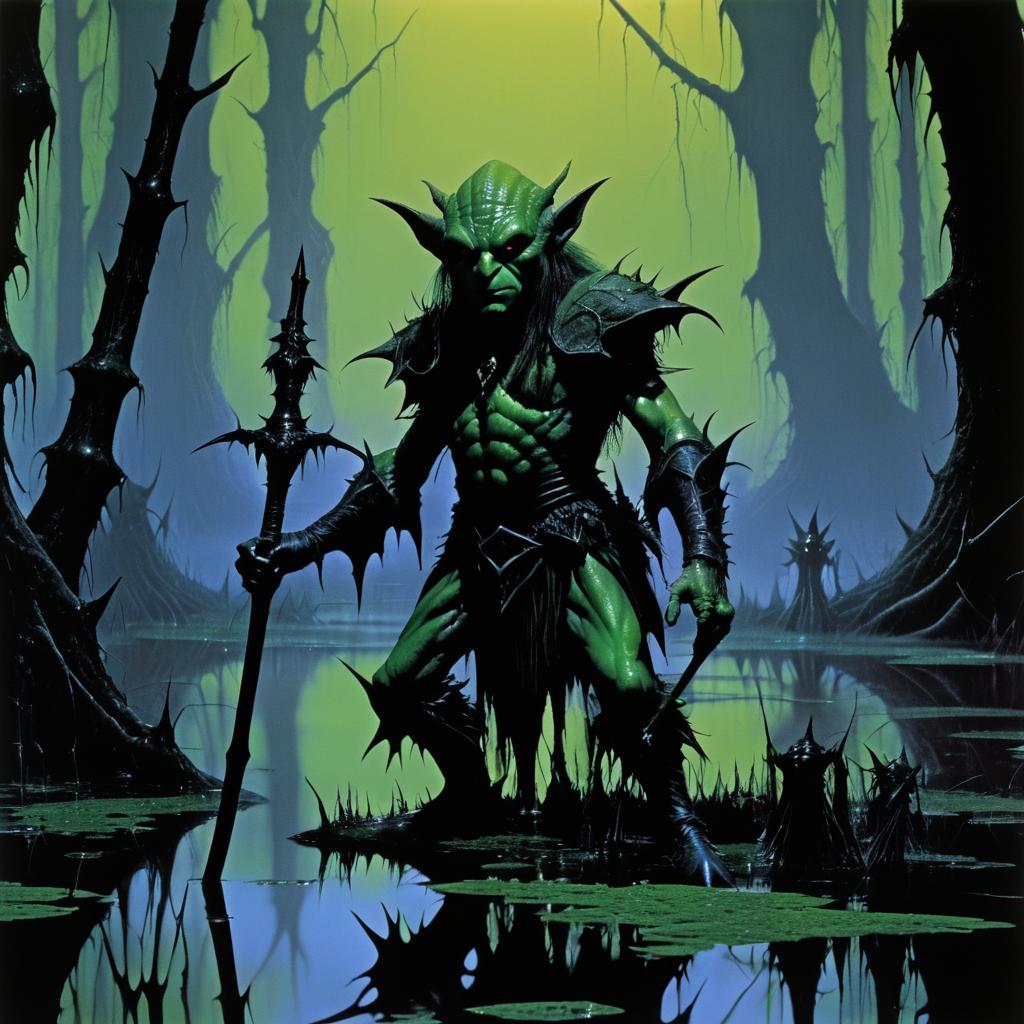 Dark Fantasy Goblin in Grim Swamp Scene