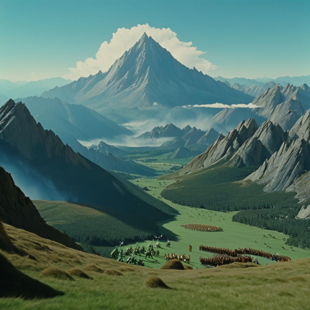 Epic 70s Mountain Dragon Adventure Scene