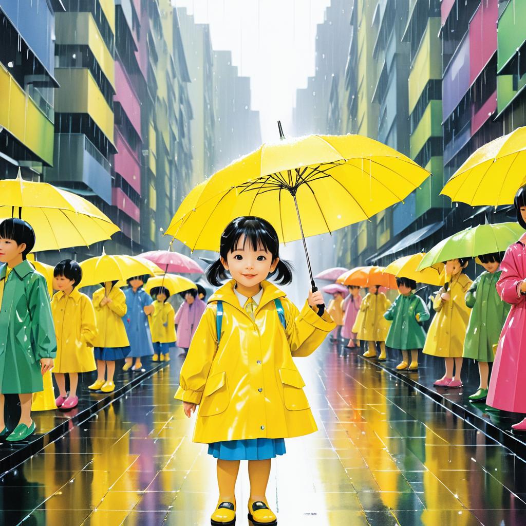 Cheerful Child in Rainy City Scene