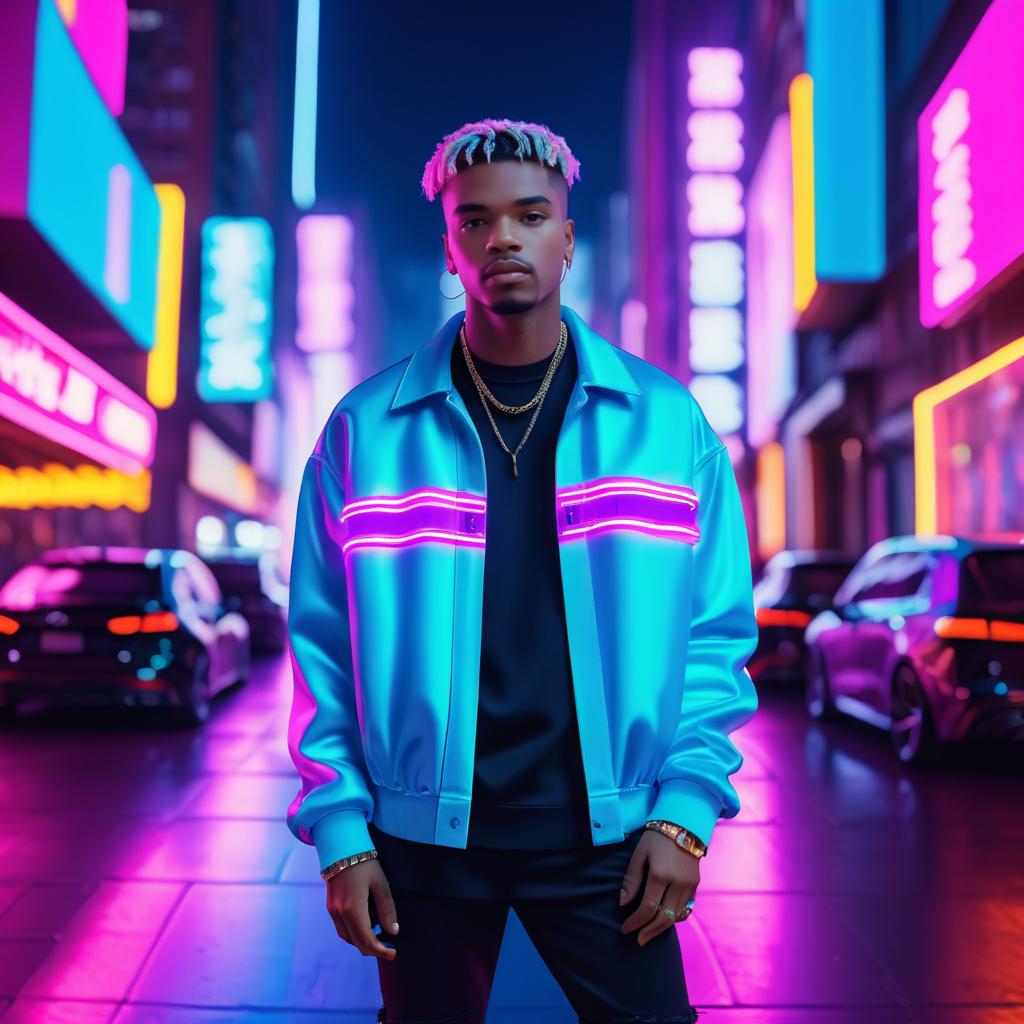 Trendy Streetwear in Neon Cityscape