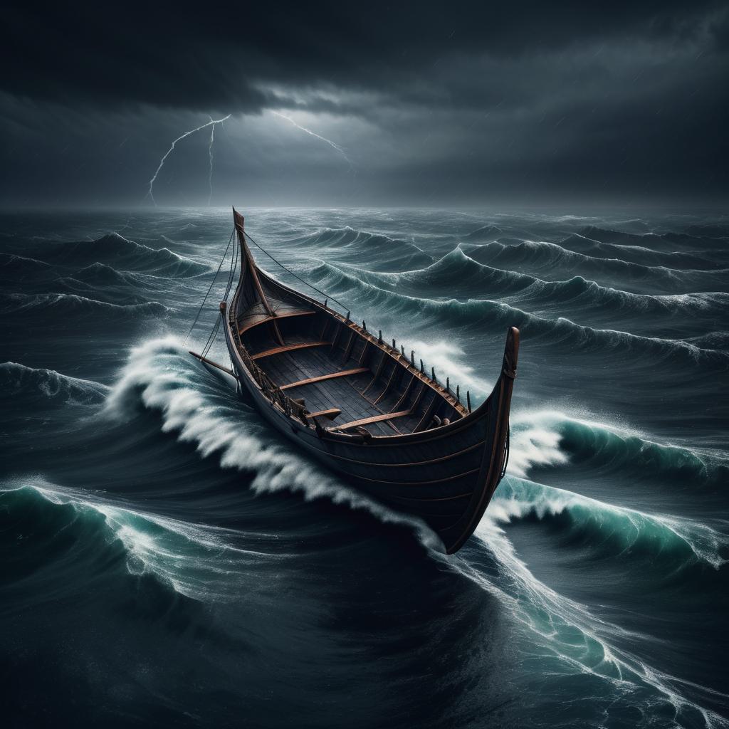 Stormy Medieval Skiff in Dark Fantasy