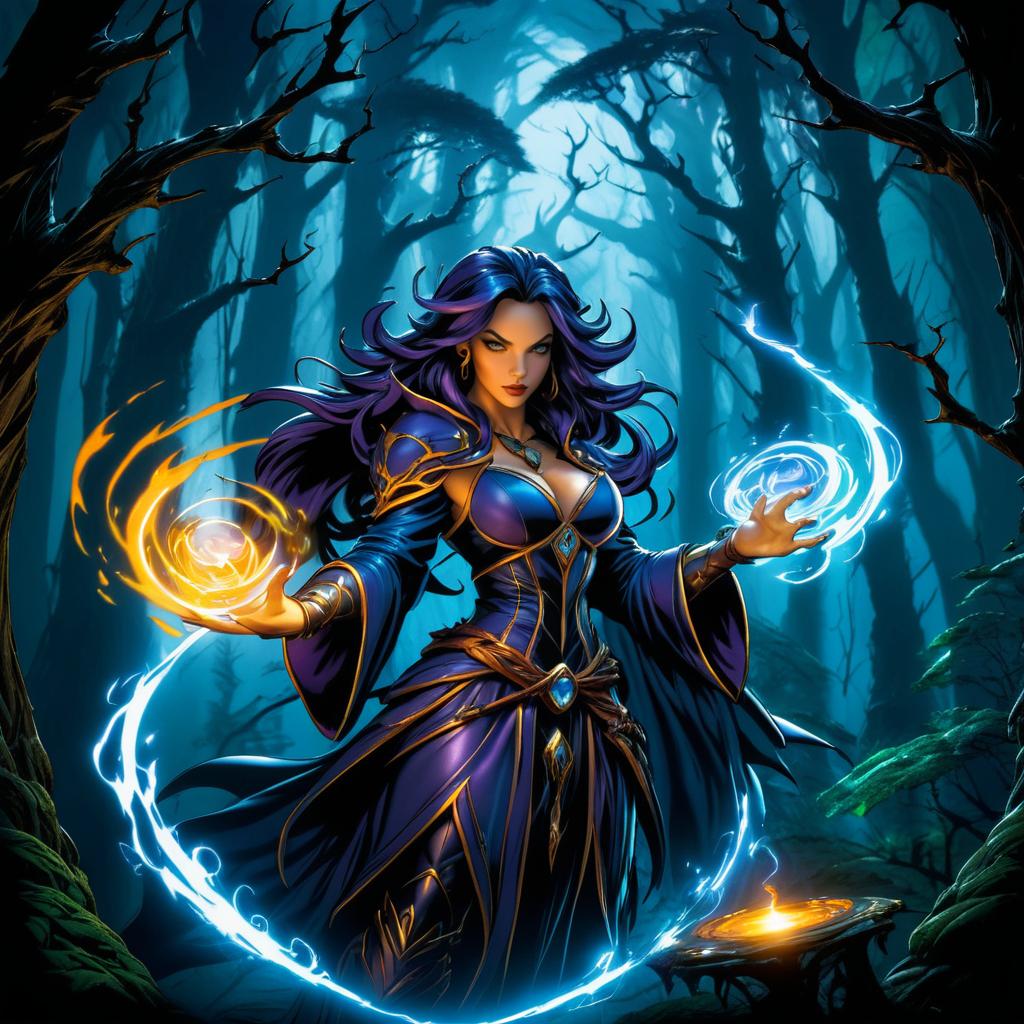 Mystical Sorceress in Dark Forest Scene