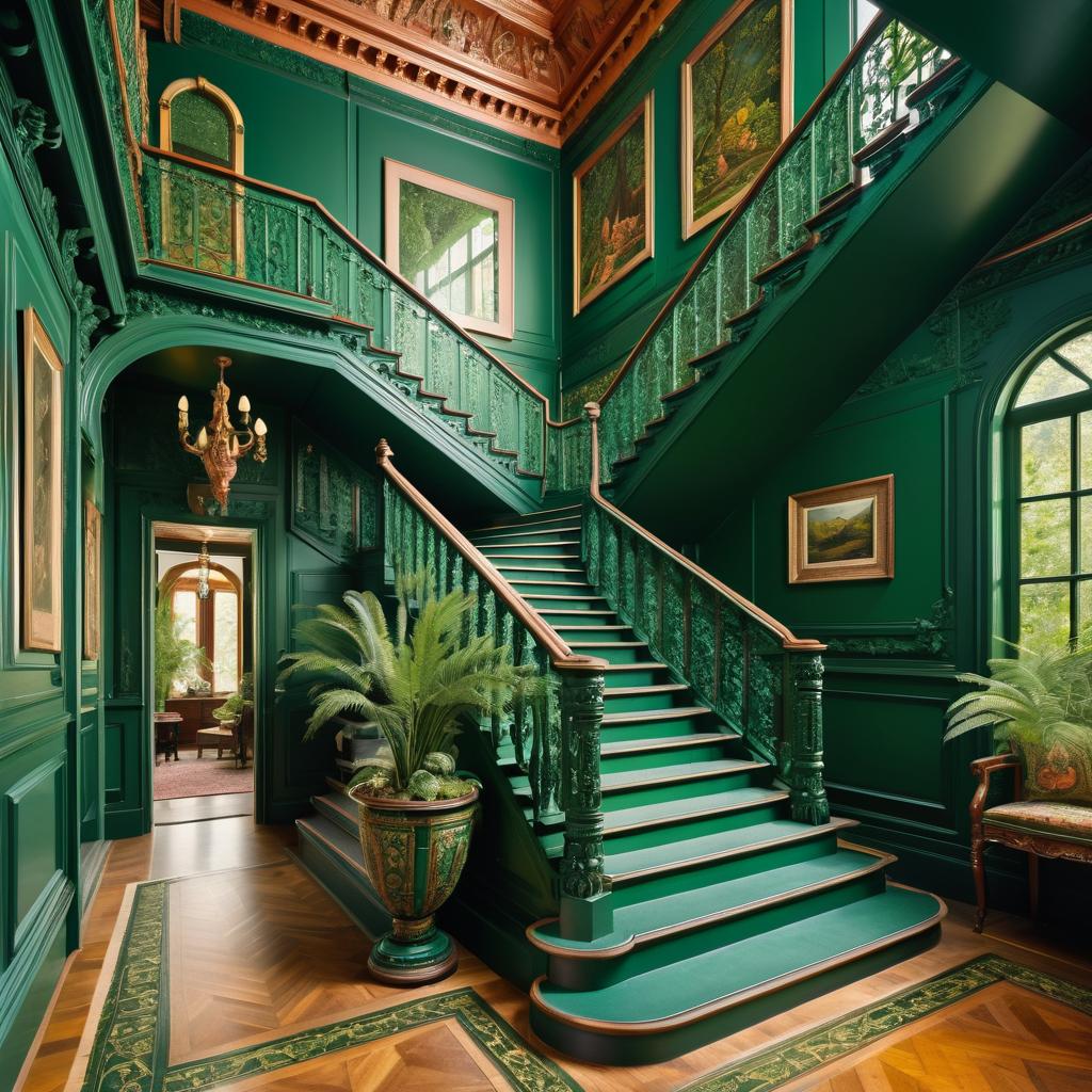 Maximalist Forest Green and Copper Staircase