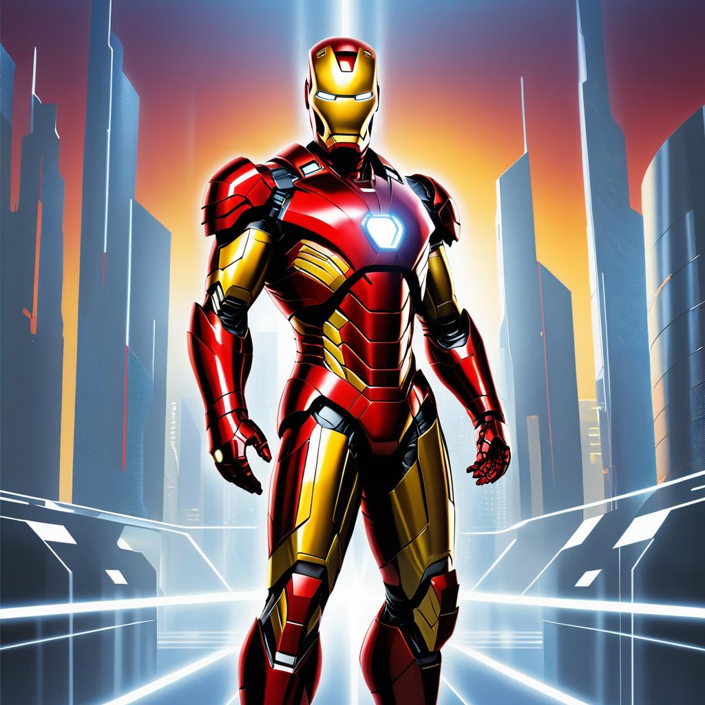 Futuristic Iron Man in Metallic Cityscape