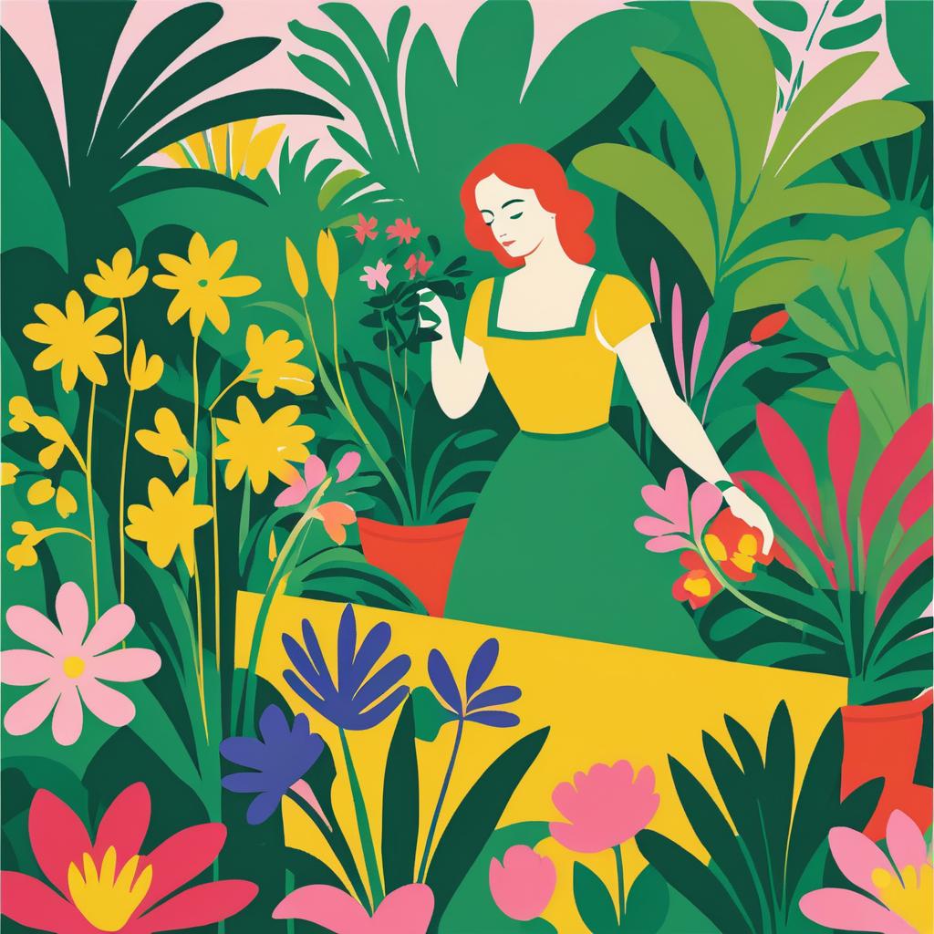 Vibrant Woman Gardening in Matisse Style