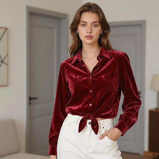 Young Woman in Red Velvet Shirt
