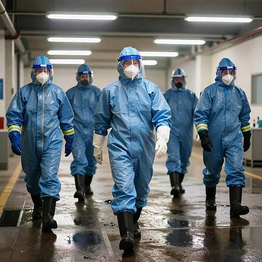 Photograph of five male hazmat workers in blue suits, masks, and helmets walking in a brightly lit, wet, industrial hallway.