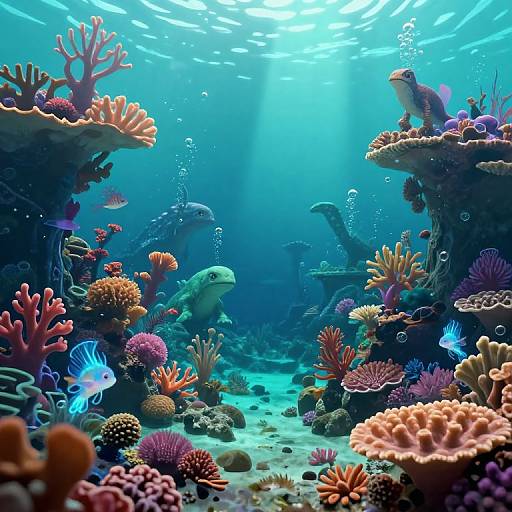 Vibrant underwater photograph of a coral reef teeming with colorful corals, fish, and marine life, bathed in sunlight filtering through the blue