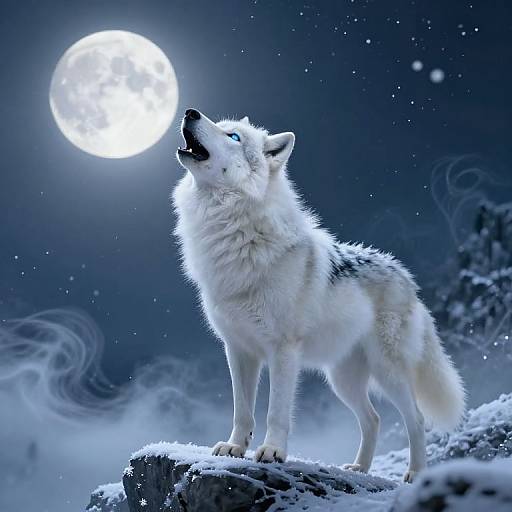 Photograph of a white wolf standing on a snowy rock, howling at a bright full moon in a starry night sky.
