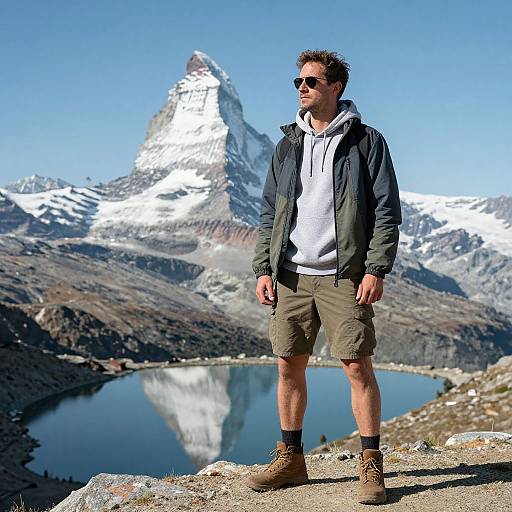 Photograph of a man in sunglasses, dark jacket, white hoodie, khaki shorts, and brown boots standing on a rocky mountainside, with a