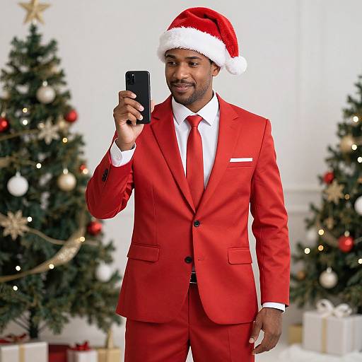 Photograph of a Black man in a red suit, Santa hat, and red tie, taking a selfie in front of decorated Christmas trees.
