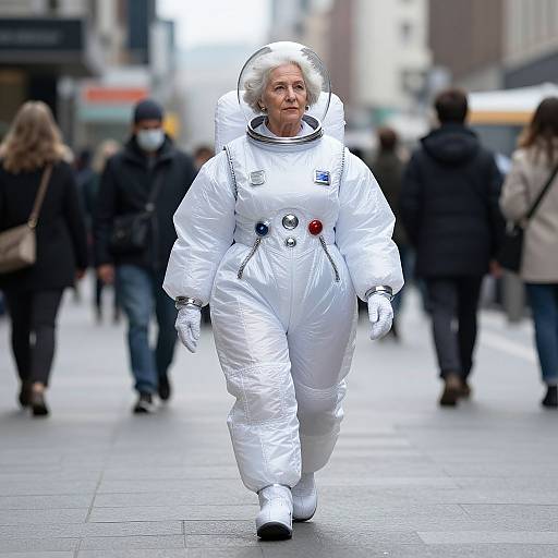 Photograph of elderly woman in full white astronaut suit with helmet, walking through urban street; blurred pedestrians in background.