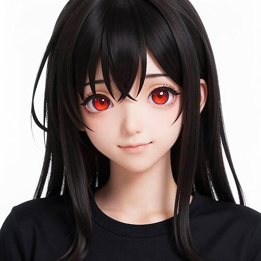 Digital anime-style portrait of a young woman with long black hair, red eyes, pale skin, and wearing a black top against a white background.