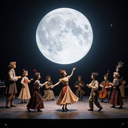 Photograph of a stage performance featuring dancers in vintage clothing, performing under a large, bright full moon backdrop.