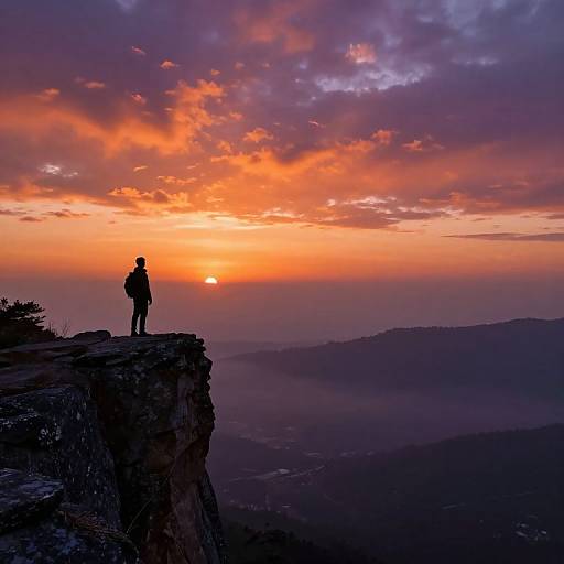 Silhouetted hiker stands on rocky cliff at sunset, vibrant orange and purple sky, misty mountain landscape below. Photograph.