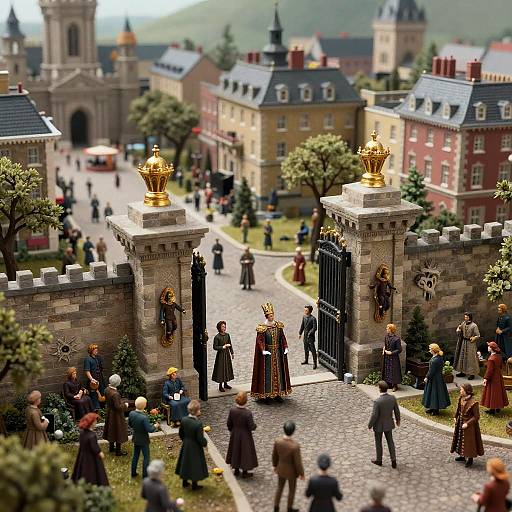 Photorealistic miniature diorama of a medieval town with ornate stone gates, golden crown statues, and detailed people in period clothing.