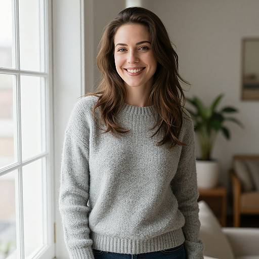 Photograph of a smiling woman with long brown hair, wearing a light gray knitted sweater, standing in a bright room with a window and potted