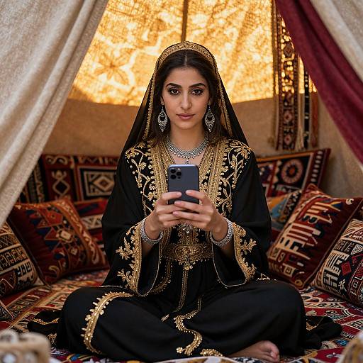 Photograph of a young South Asian woman in an ornate black and gold traditional outfit, sitting cross-legged on patterned cushions, taking a selfie in