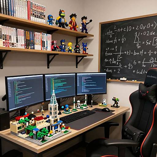 Photograph of a geeky gamer's desk featuring LEGO cityscape, dual monitors with code, a blackboard with math, and LEGO figurines on
