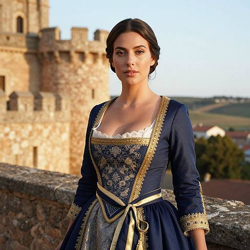 Photograph of a young woman with dark hair in a blue, gold-embroidered Renaissance dress, standing in front of an ancient stone castle with