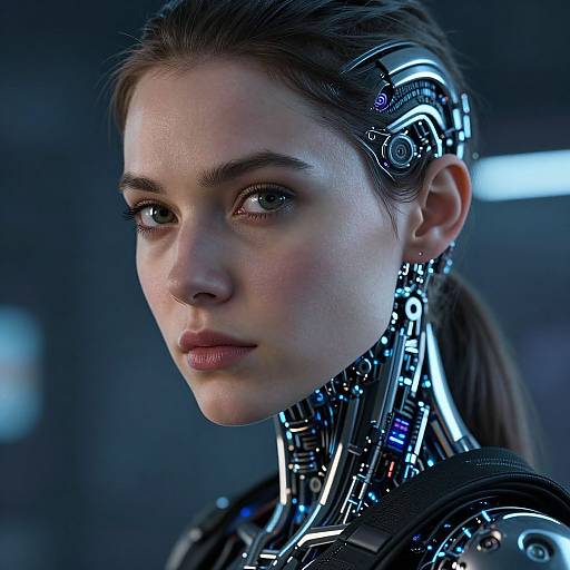Photorealistic CGI of a young woman with cybernetic enhancements, featuring glowing circuits on her neck and hair, with a serious expression in a dim