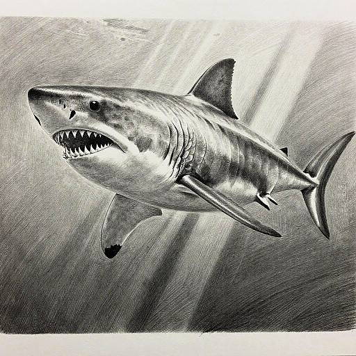 Black-and-white sketch of a fierce, mid-swim great white shark with sharp teeth, detailed scales, and a powerful tail. Light rays illuminate the
