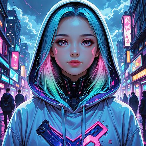 Digital art of an anime-style young woman with glowing blue and pink hair, neon-lit city background, hooded white jacket with cyberpunk design,