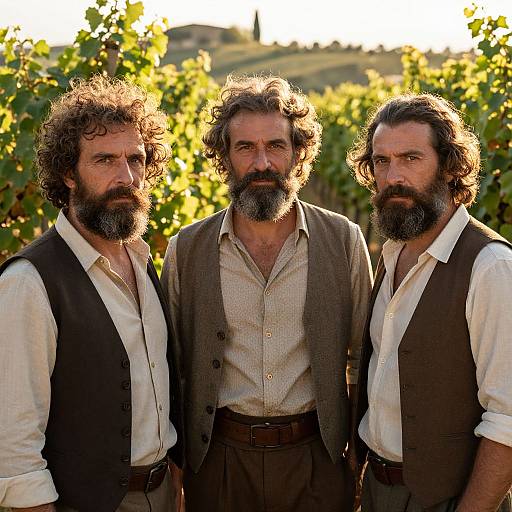 Three bearded men with curly hair, wearing white shirts and brown vests, stand in a sunlit vineyard, backlit by golden sunlight. Photograph