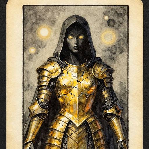Digital illustration of a mysterious, glowing-eyed, armored figure with a hood, set against a smoky, glowing background, bordered in gold.