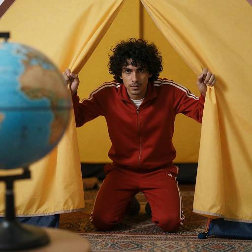 Kneeling Man Inside a Bright Tent