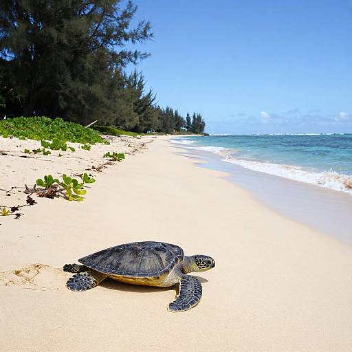 Photograph of a sea turtle on a sunlit, sandy beach with turquoise waves, green foliage, and tall pine trees in the background.