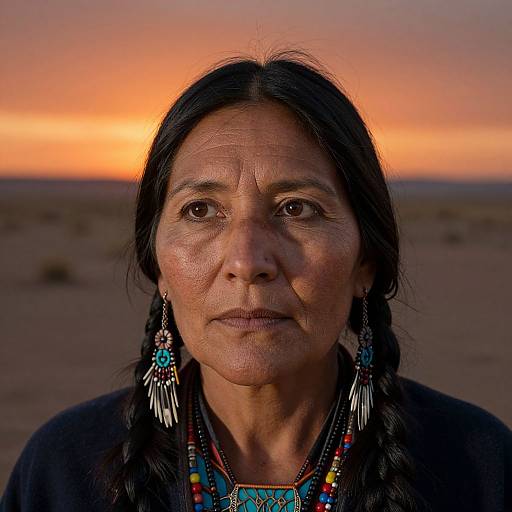 Photograph of an indigenous woman with long black hair, traditional turquoise jewelry, serious expression, at sunset in a desert landscape.