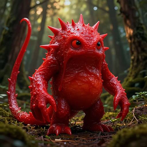 Photorealistic CGI of a red, spiky, monstrous creature with large eyes standing in a misty forest, textured with moss and sunlight filtering through