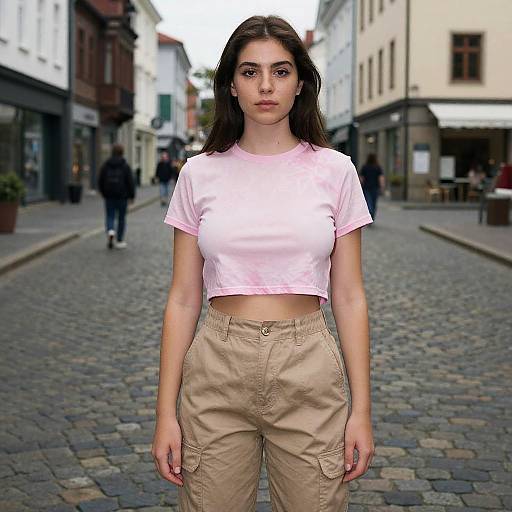 Woman in Pink Cropped T-Shirt on Cobblestone Street