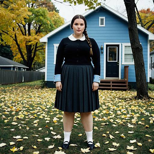 Plus Size Woman in Black Dress Standing in Front of Blue House