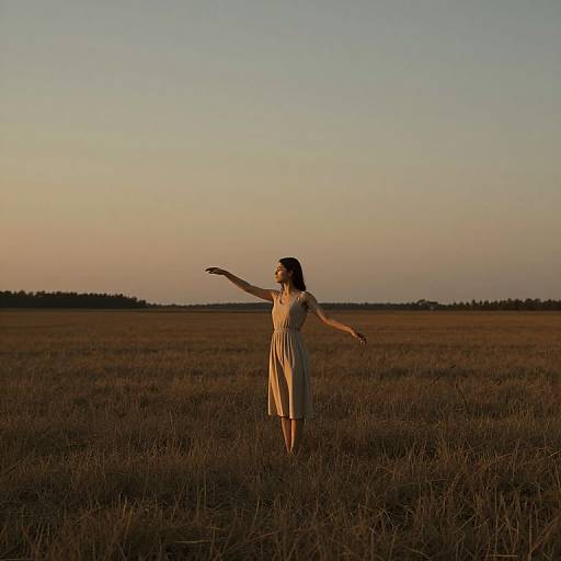 Photograph of a woman in a light beige dress, arms outstretched, standing in a sunset-lit, expansive grassy field.