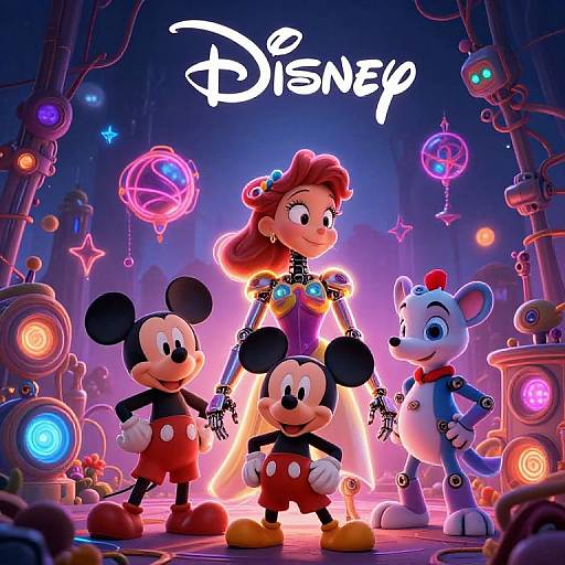 Disney CGI image featuring Pink Cinderella in a glowing dress, flanked by three Mickey Mouses and a white bear in a steampunk, neon