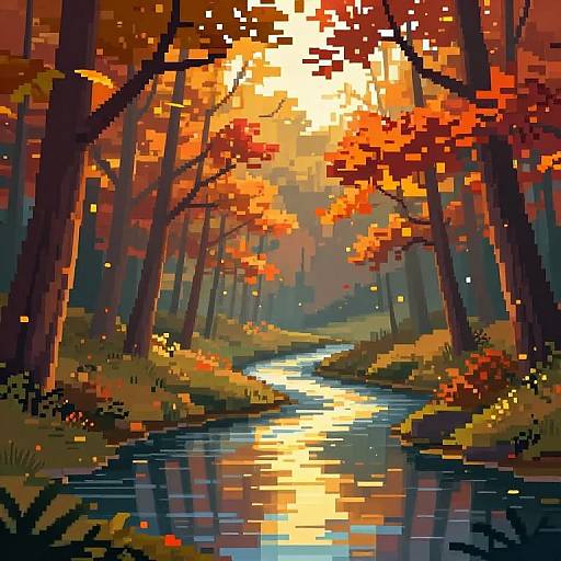 Pixel art of a sunlit autumn forest with a reflective river, vibrant orange and red leaves, tall trees, and glowing fireflies.