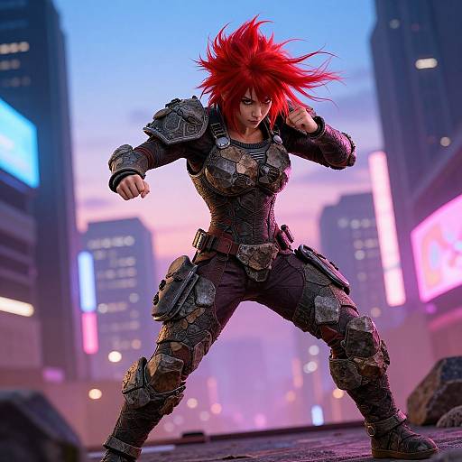 Digital artwork of a fierce, red-haired woman in heavy armor, fighting stance, in a neon-lit, futuristic cityscape at dusk.