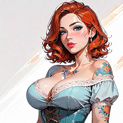 Redhead Woman in Denim Corset with Tattoos