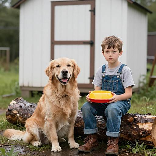 Boy and Dog in a Rainy Landscape