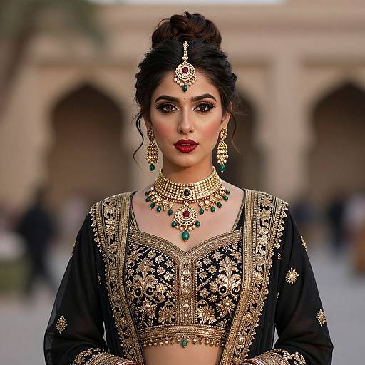 Photograph of a stunning South Asian woman in elaborate traditional black and gold embroidery attire, with intricate jewelry and red lipstick, standing in front of a blurred