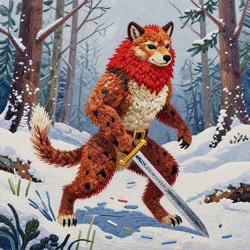 Digital drawing of a fierce, anthropomorphic red-furred wolf with a thick mane, holding a sword, standing in a snowy forest.