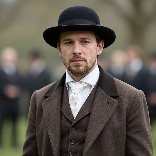 Photograph of a serious, bearded man in a black bowler hat, brown three-piece suit, and white shirt, standing outdoors with blurred background