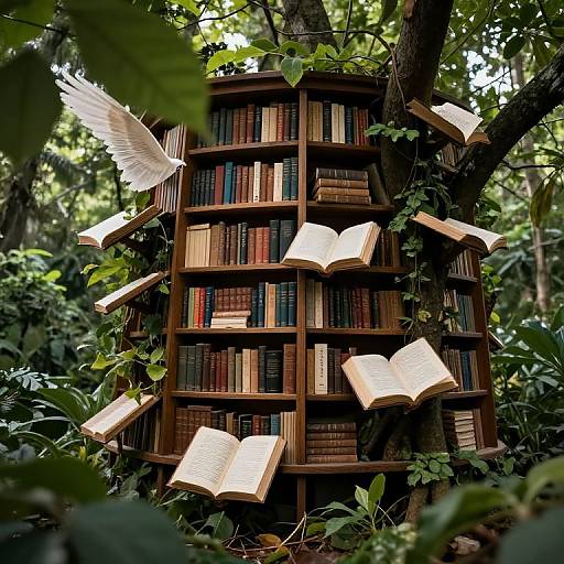 Photograph of a wooden bookshelf embedded in a tree, surrounded by green leaves, with floating open books and a white dove with wings spread. Magical