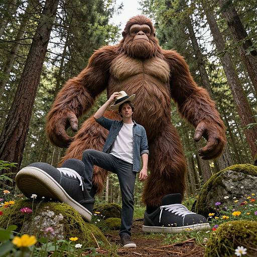 Photograph of a young man in casual clothes standing beside a towering, furry Bigfoot-like creature in a forest, wearing black sneakers, holding a hat